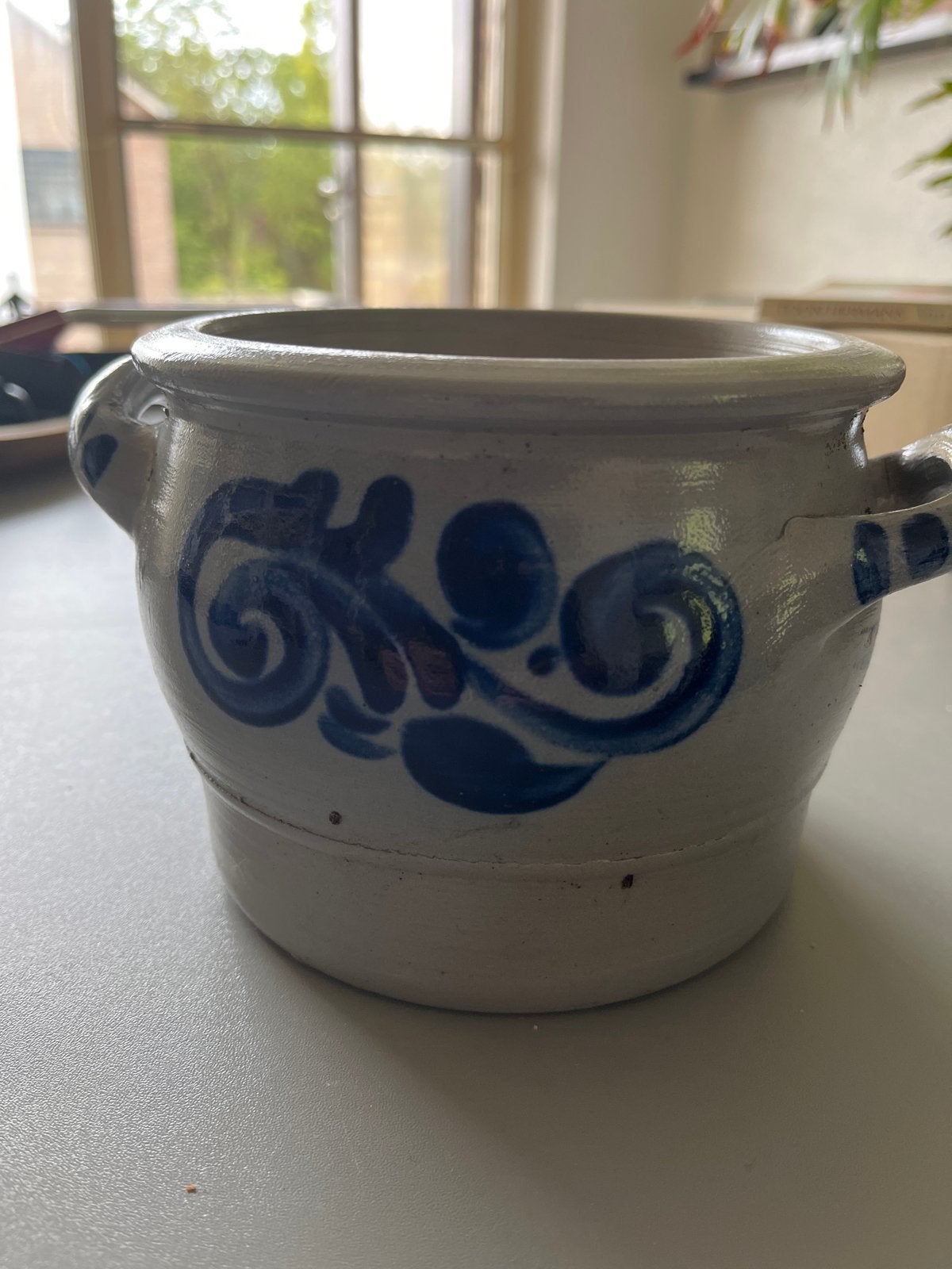 Vintage aardewerk pot met blauw decor, Ophalen of Verzenden