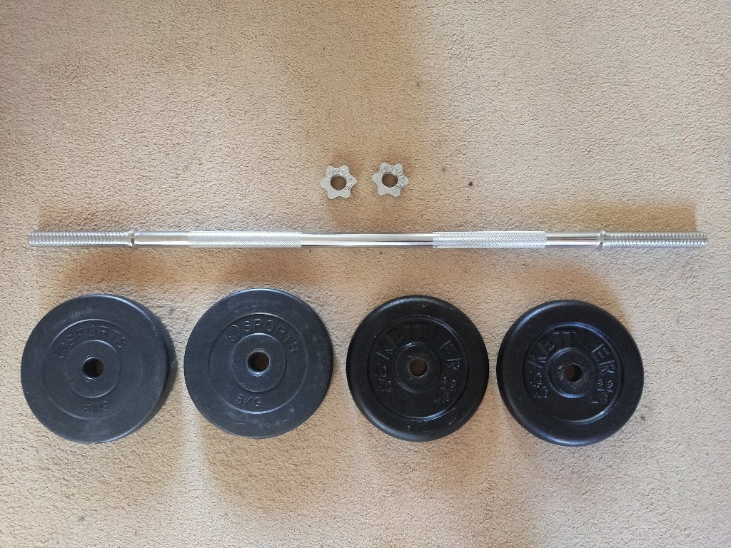 Tunturi halterstang + schijven 30kg, Ophalen, Gebruikt, Rug, Halterset