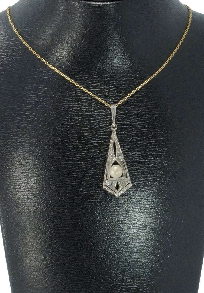 Diamanten Art Deco antieke 14k gouden hanger ketting parels