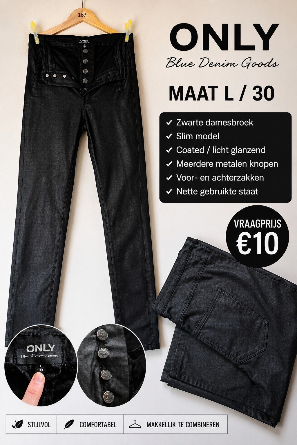 ONLY zwarte damesbroek – maat L / 30, Ophalen of Verzenden, Zo goed als nieuw, Zwart, W30 - W32 (confectie 38/40)