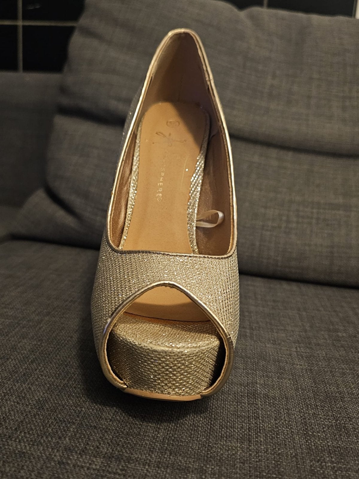 Gouden glitter peep-toe hakken, Ophalen, Zo goed als nieuw, Overige kleuren, Schoenen met hoge hakken
