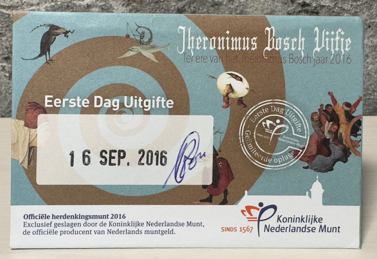 Jheronimus Bosch vijfje eerst dag uitgifte coincard, Postzegels en Munten, Ophalen of Verzenden, Koningin Beatrix, Euro's