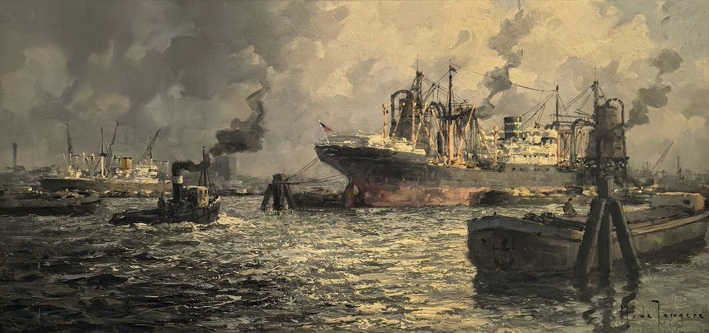 Waalhaven te Rotterdam bij Marinus de Jongere, Maritiem / water, Doek, Overige technieken, Impressionistisch