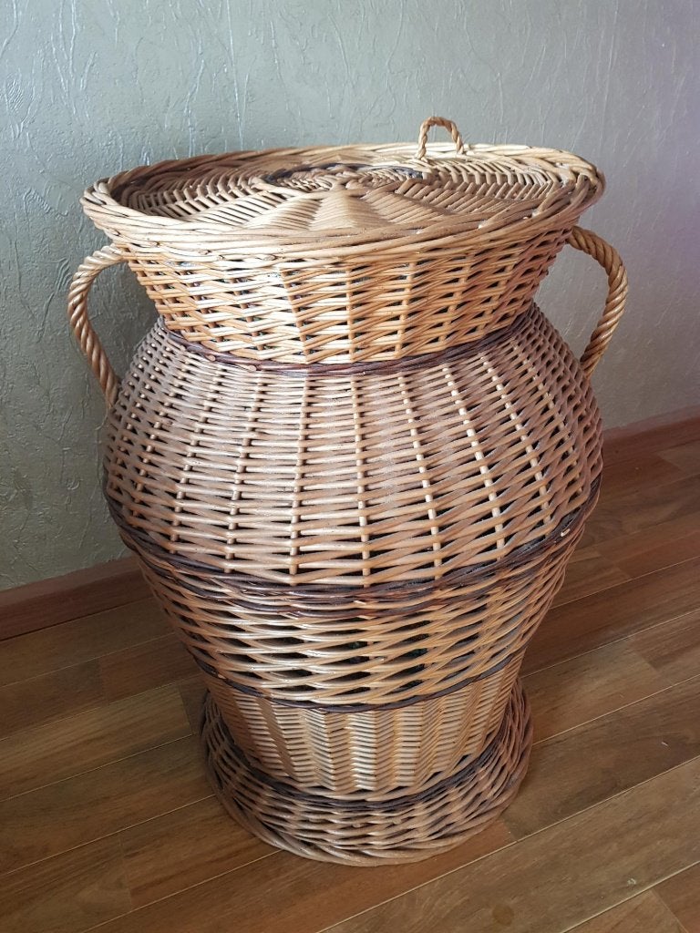 retro vintage rieten wasmand met deksel riet mand opberg, Ophalen, Gebruikt, Bruin, Wasmand