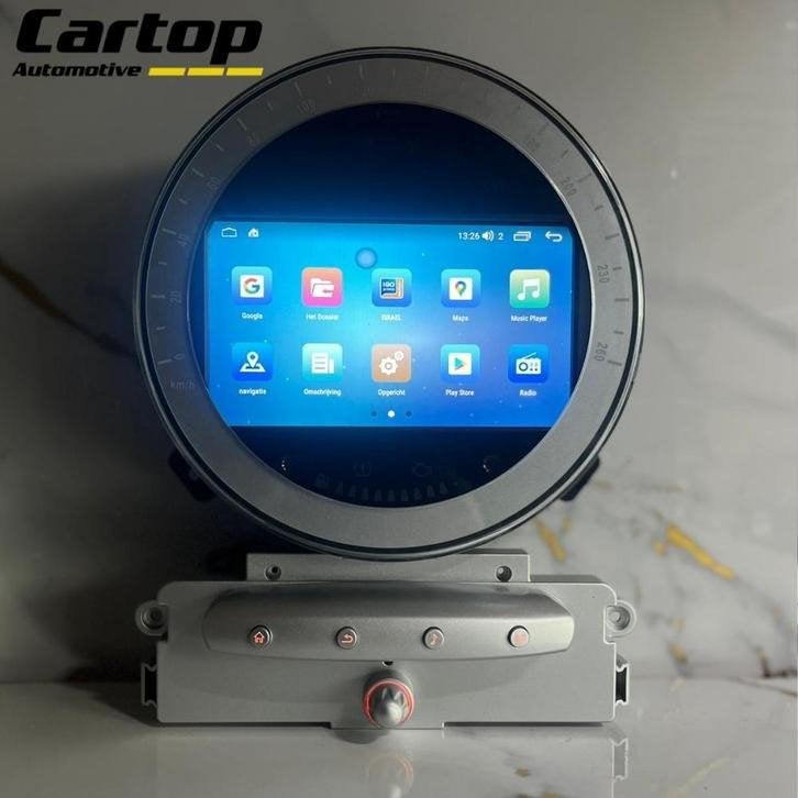 Mini Cooper Android Navigatie 9 Inch CarPlay 2006-2013, Meridiaan 42, Zo goed als nieuw, Info@cartop-automotive.nl, Cartop-Automotive Bv.