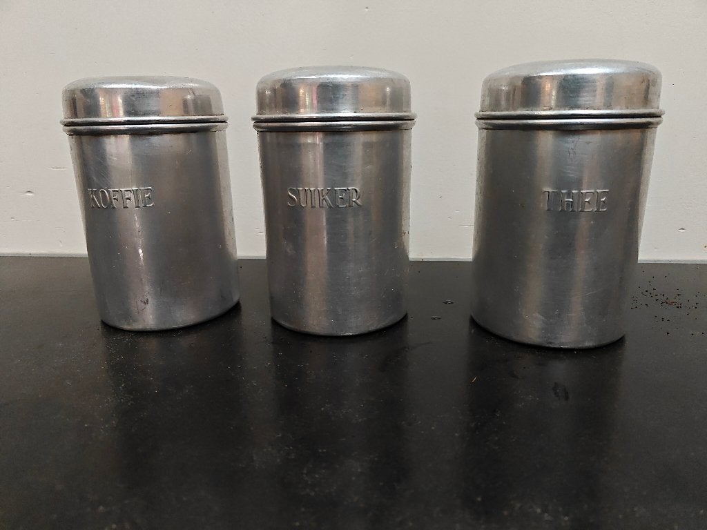 vintage aluminium voorraadbussen suiker, thee, koffie, Ophalen of Verzenden