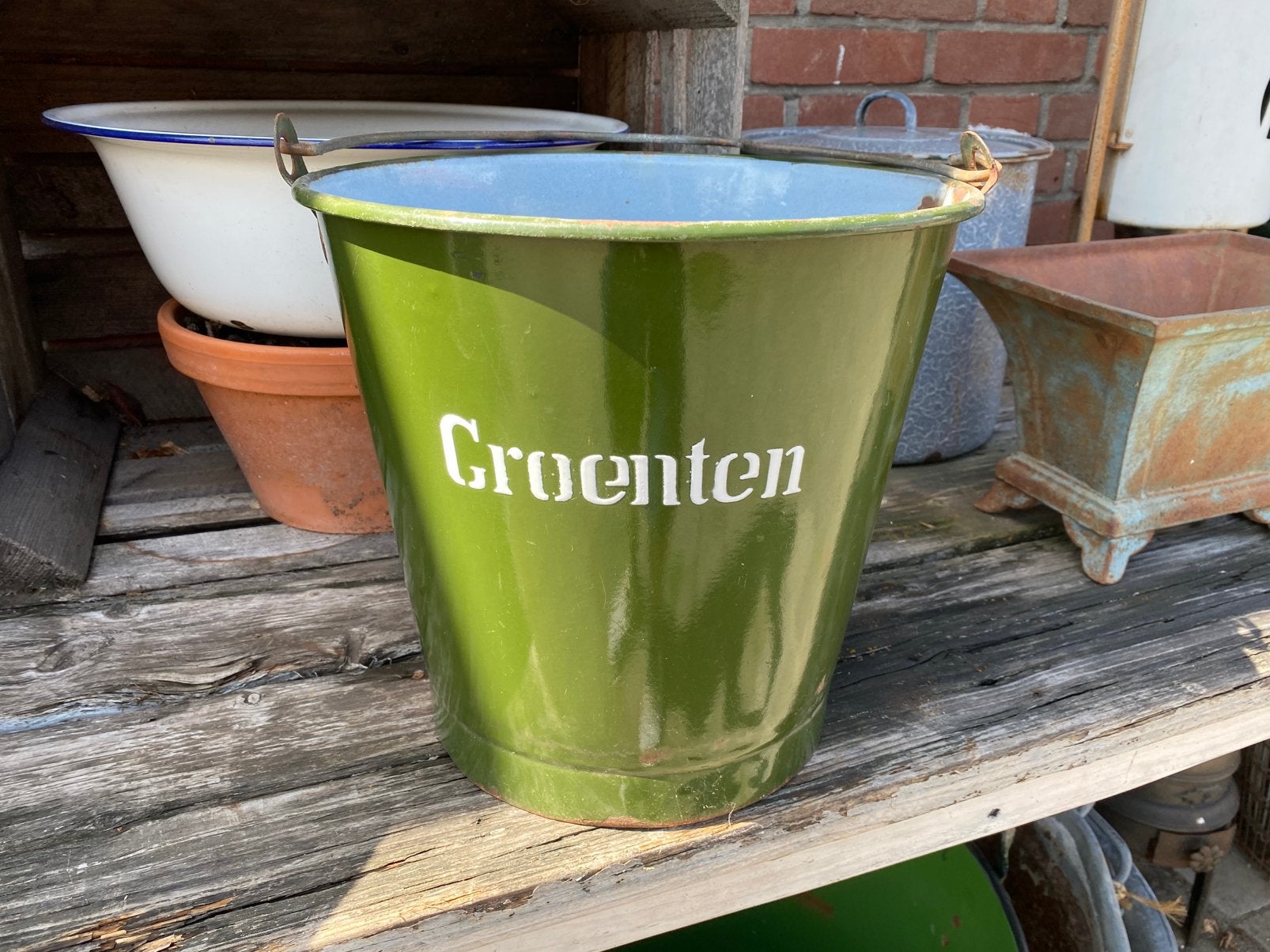 Donkergroen emaille groenten emmer, Ophalen of Verzenden