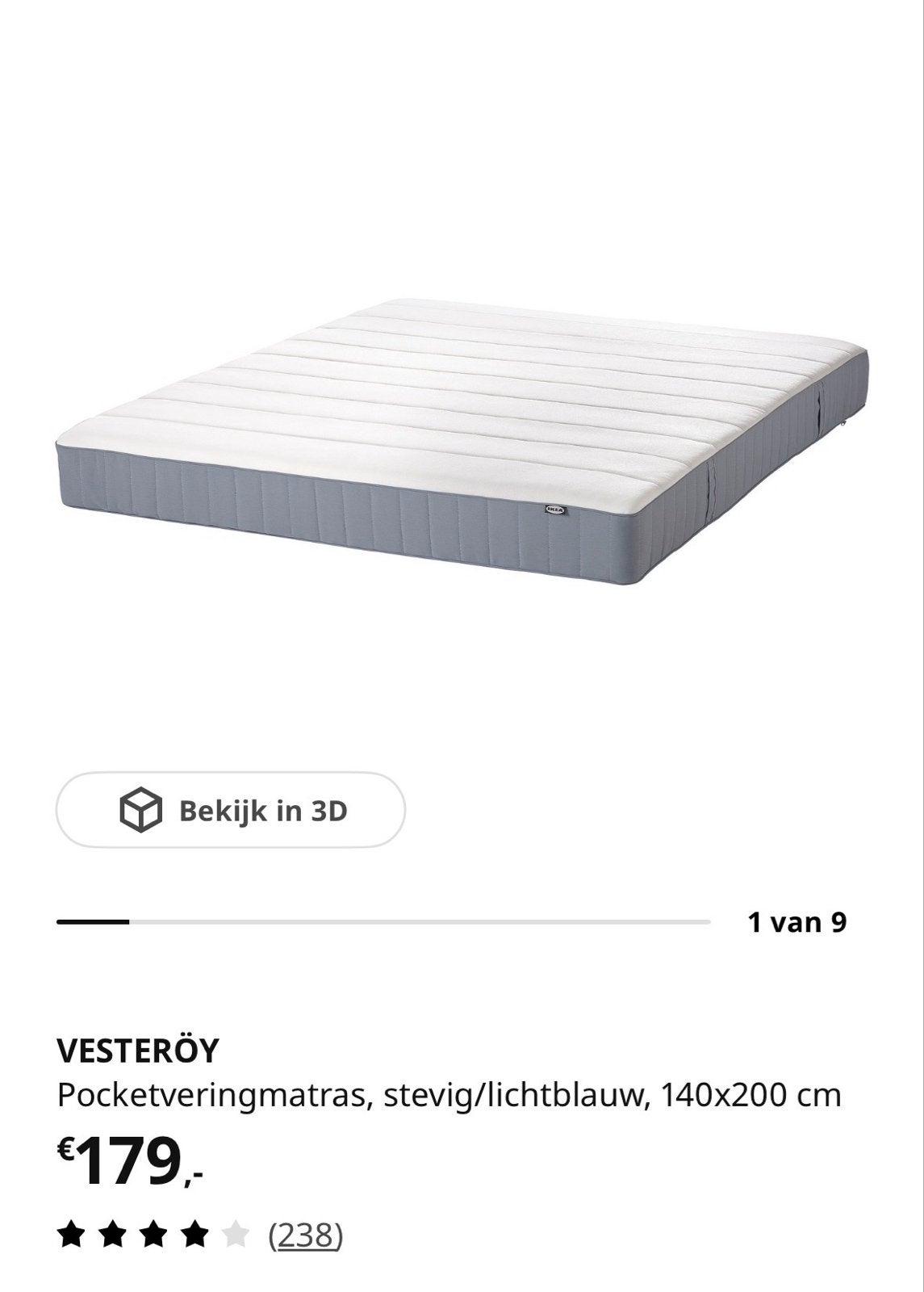 IKEA VESTERÖY Pocketveringmatras, stevig, 140x200 cm, Huis en Inrichting, Slaapkamer | Matrassen en Bedbodems, Ophalen, Tweepersoons