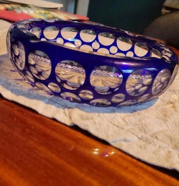 Vintage schaal/asbak blauw/helder glas, Ophalen of Verzenden