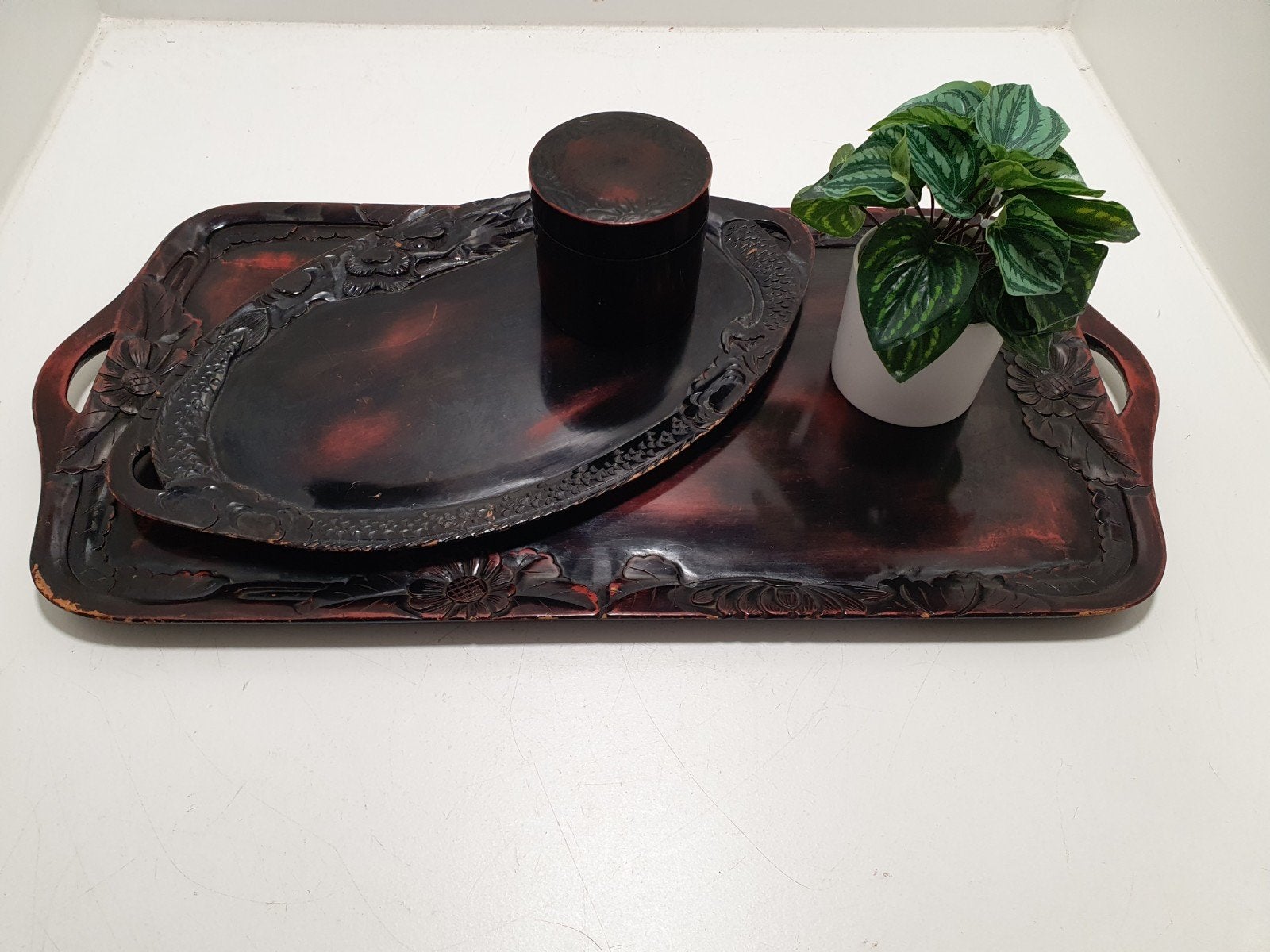 Aziatische vintage dienbladen en onderzetters., Gebruikt, ., Ophalen of Verzenden, .