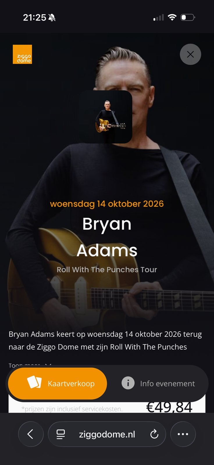 2 tickets Bryan Adams zitplaatsen, Twee personen, Oktober