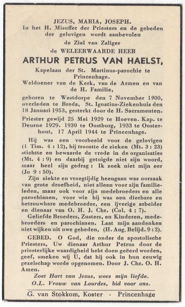 pastoor Arthur van Haelst 1900 Westdorpe + 1953 Breda, 52jr, Verzenden
