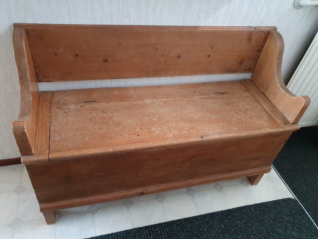 Oud Grenen houten klepbank, Huis en Inrichting, Ophalen, Gebruikt, Minder dan 75 cm, Tweepersoons