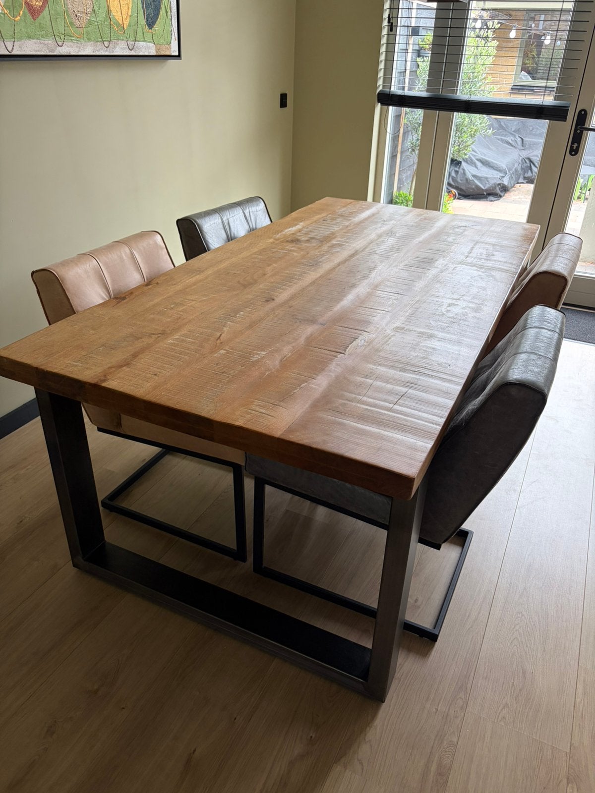 Massief mango houten eettafel met 6 eetstoelen, Ophalen, 50 tot 100 cm, Zo goed als nieuw, Vijf personen of meer