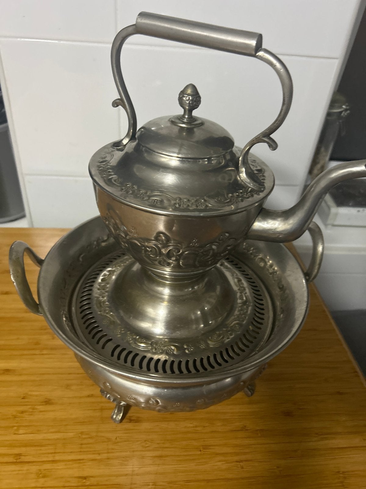 Antieke verzilverde handenwassen ketel met rechaud, Antiek en Kunst, Ophalen of Verzenden