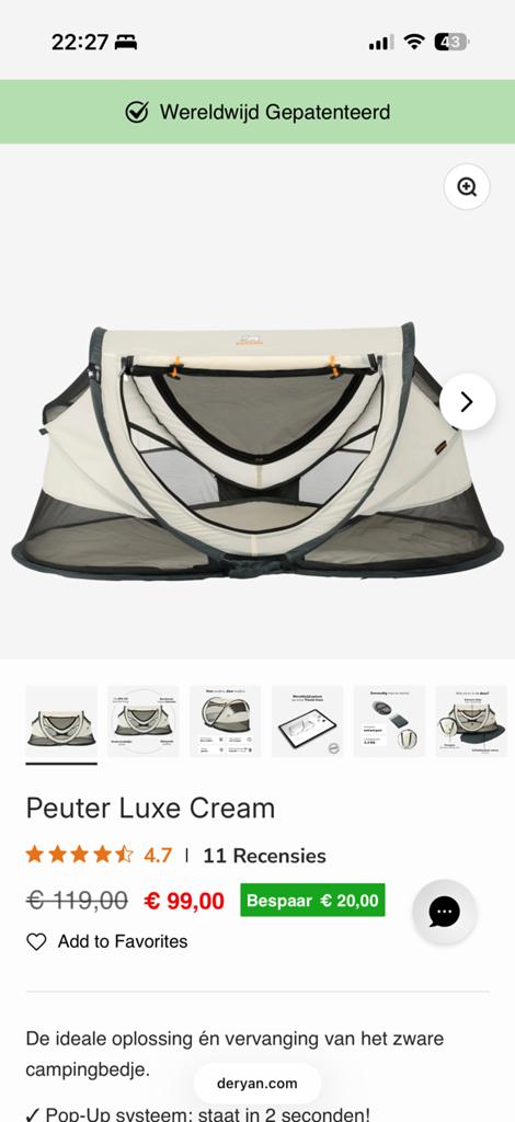 DERYAN Peuter Luxe Reisbedje - Inclusief accessoires, Ophalen of Verzenden, Gebruikt, Reisbedje