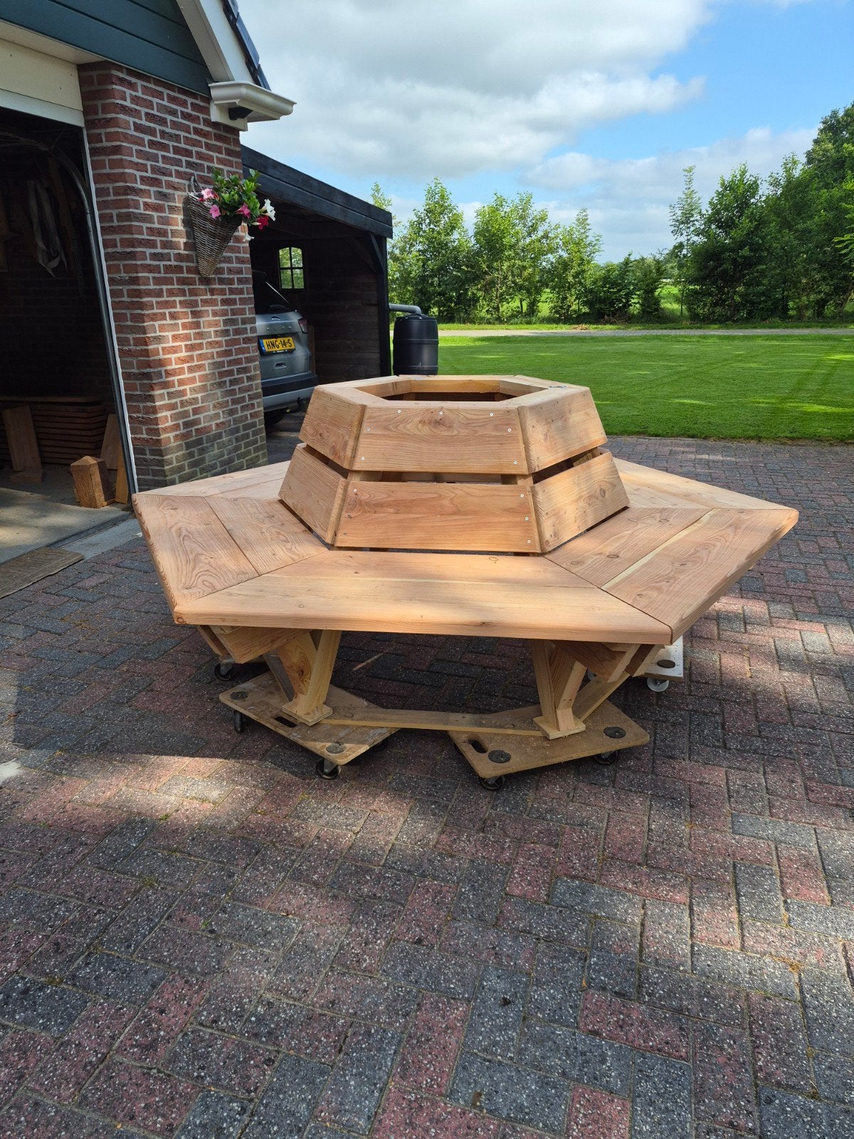 Zeshoekige houten tuinbank, Ophalen of Verzenden, Nieuw, Hout