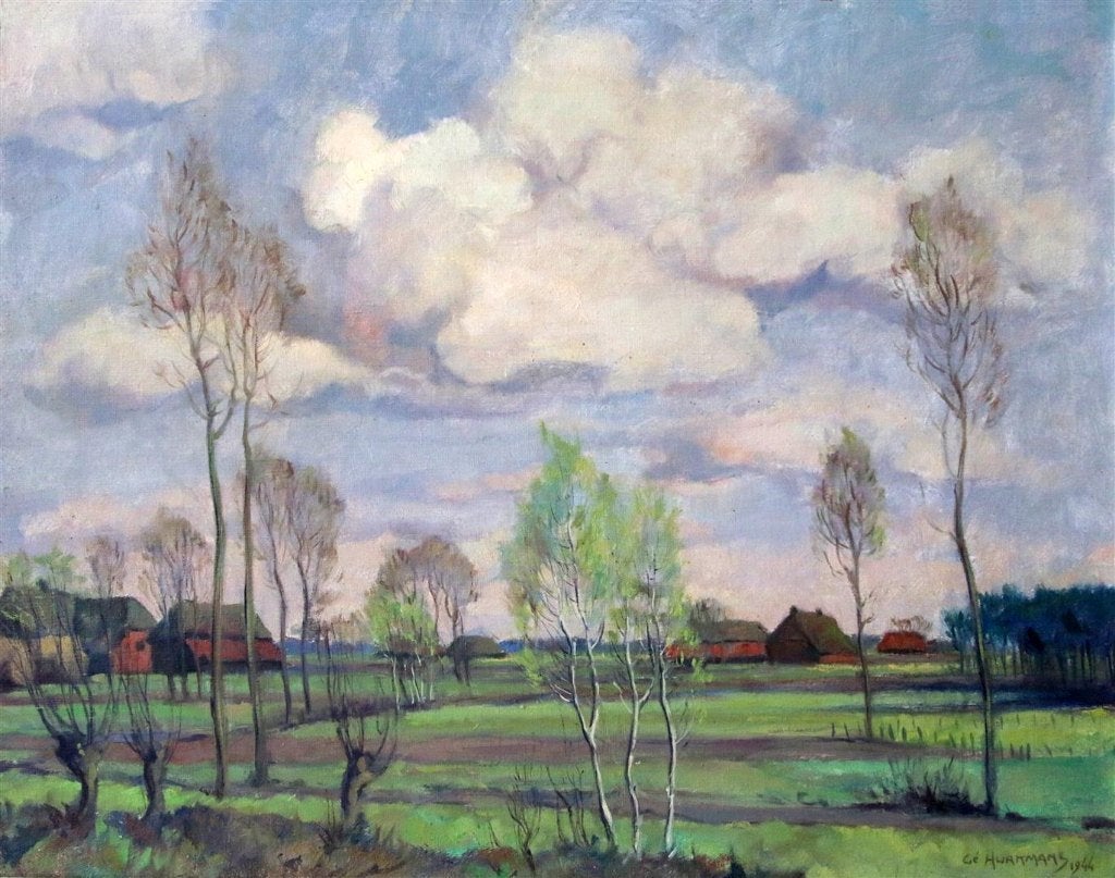 Brabants landschap 1944 Gerard Hurkmans ( 1911-1984 )Tilburg, Ophalen, Doek, Landschap, Olieverf
