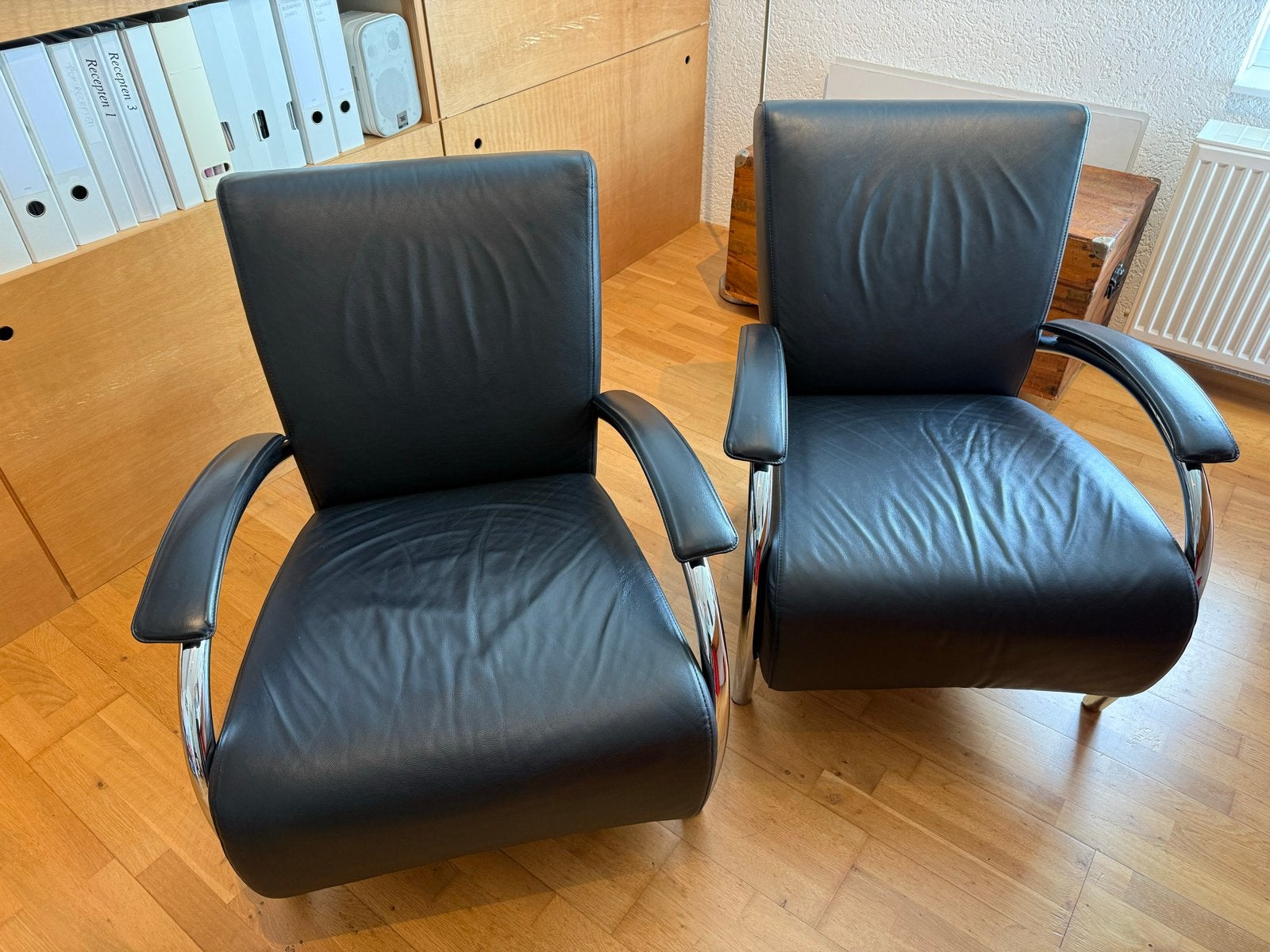 Klassieke Italiaanse Design Fauteuils Molinari Accademia, Ophalen, Gebruikt, Twee, Zwart