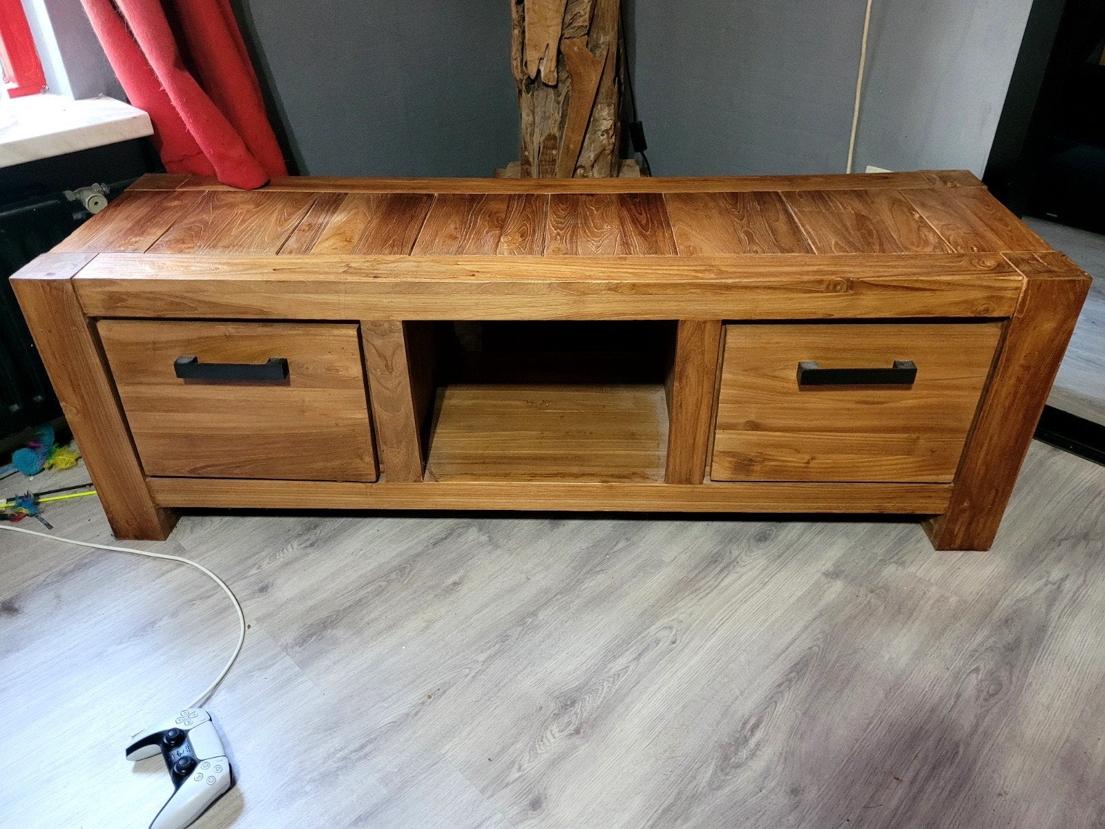 Teak houten tv meubel massief, Ophalen, 100 tot 150 cm, Teakhout, Zo goed als nieuw