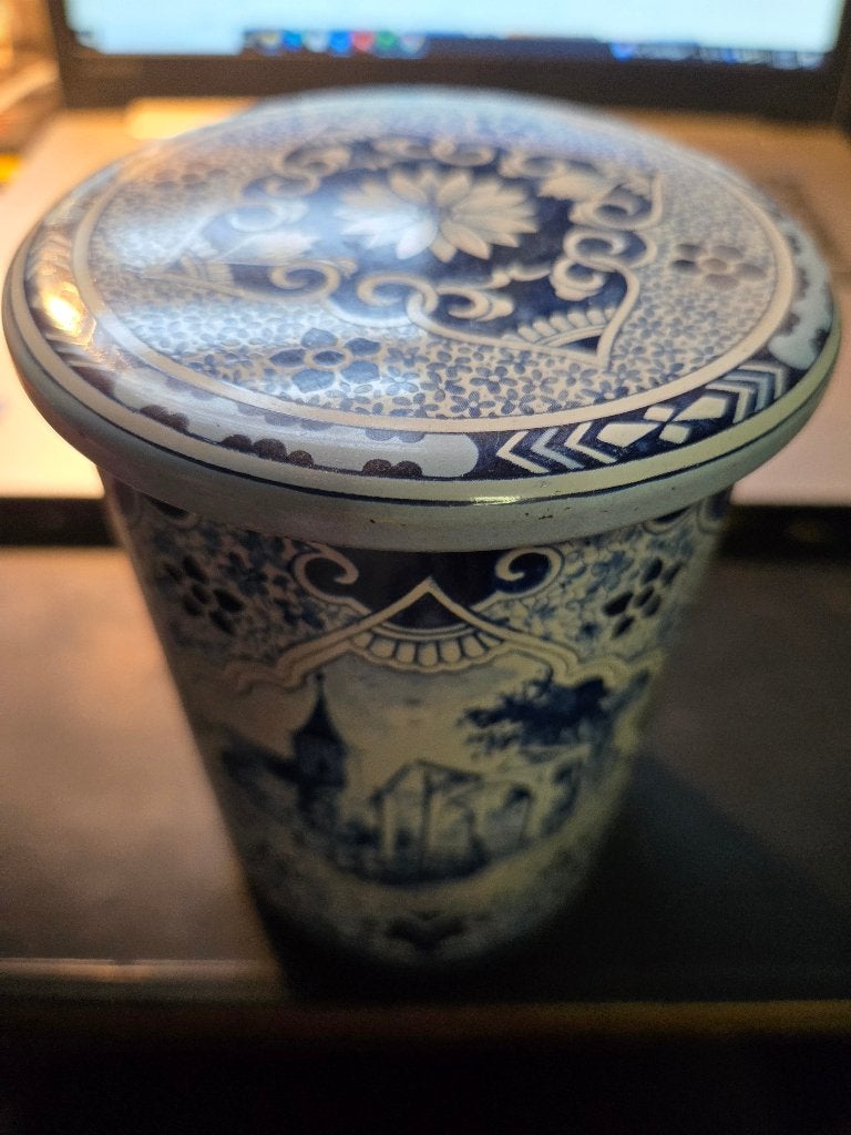 Vintage Delfts blauw blik van Albert Heijn H12.5 Ø9.5 cm, Verzamelen, Ophalen, Gebruikt, Koek(jes), Overige merken