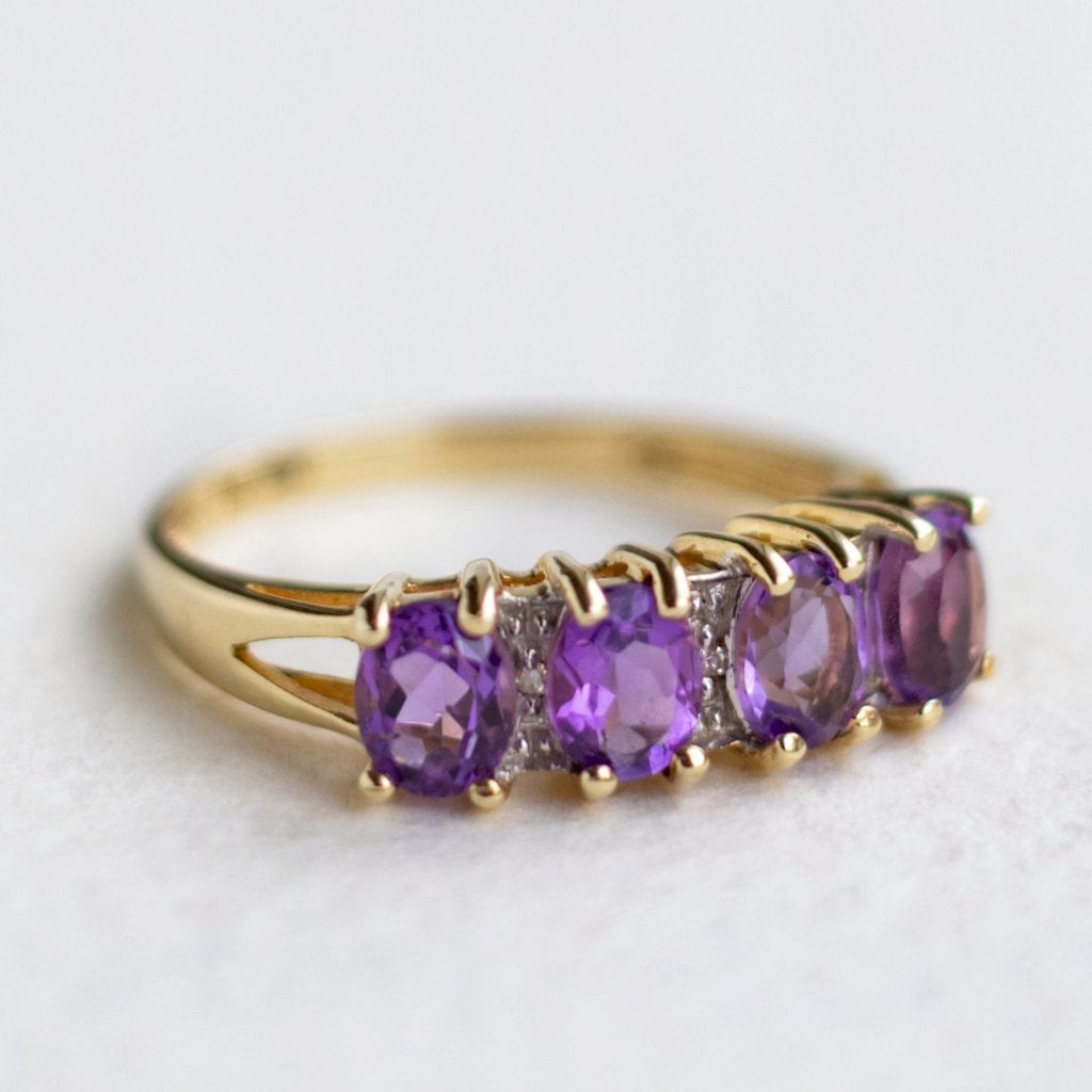 Vintage 9K goud 4 stone ring met Amethist & Diamant 17,75, Sieraden, Tassen en Uiterlijk, Ringen, Ophalen of Verzenden, Zo goed als nieuw