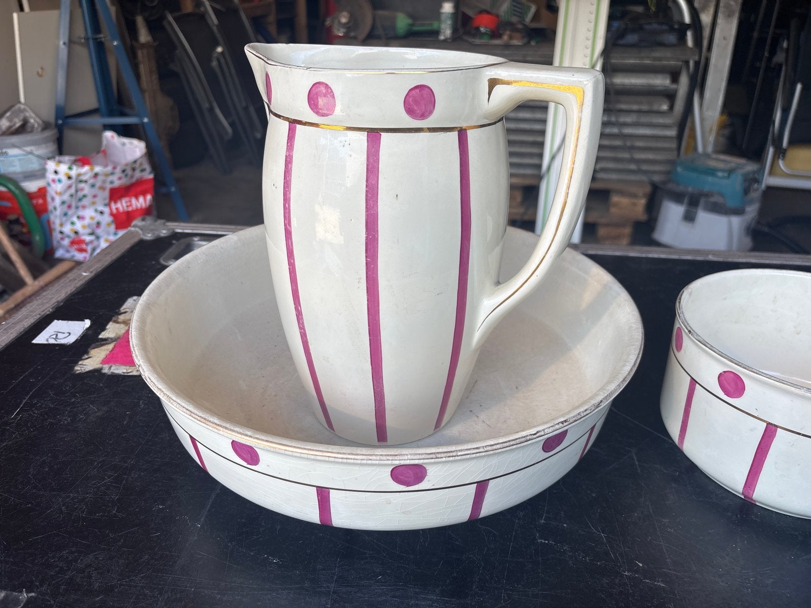Antiek wasstel met roze strepen en stippen - Made in Belgium, Antiek en Kunst, Ophalen of Verzenden