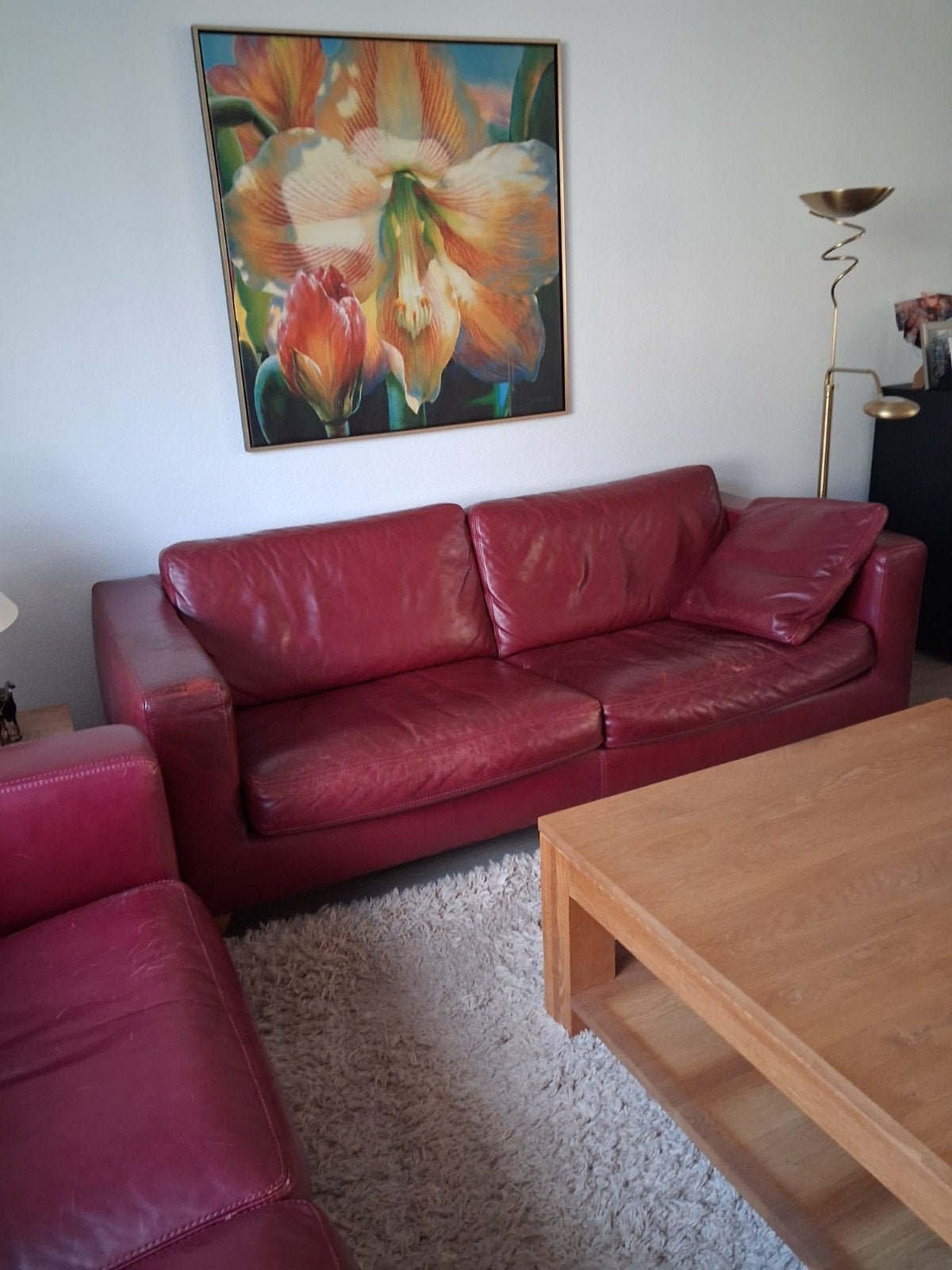 2 en 3 zitsbank, rood. Inclusief hoektafel, Huis en Inrichting, Ophalen, Gebruikt, Leer