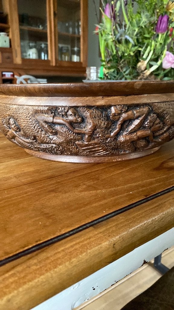 grote zware houtsnijwerk (fruit) schaal, Schaal, Rond, Ophalen of Verzenden, Zo goed als nieuw