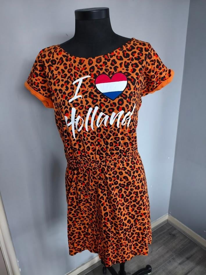 Dames panterprint oranje jurk Holland ( Koningsdag ), Hobby en Vrije tijd, Feestartikelen, Ophalen of Verzenden, Zo goed als nieuw