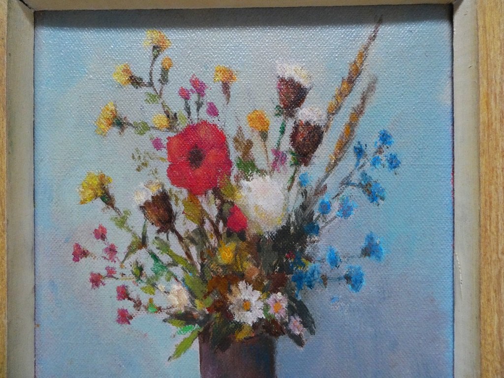 Vintage schilderij met bloemstilleven klaproos veldbloemen, Bloemen, Doek, Origineel werk, Ophalen of Verzenden