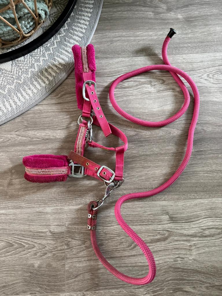 Roze halster met bont en steentjes plus halstertouw, Dieren en Toebehoren, Ophalen of Verzenden, Overige soorten