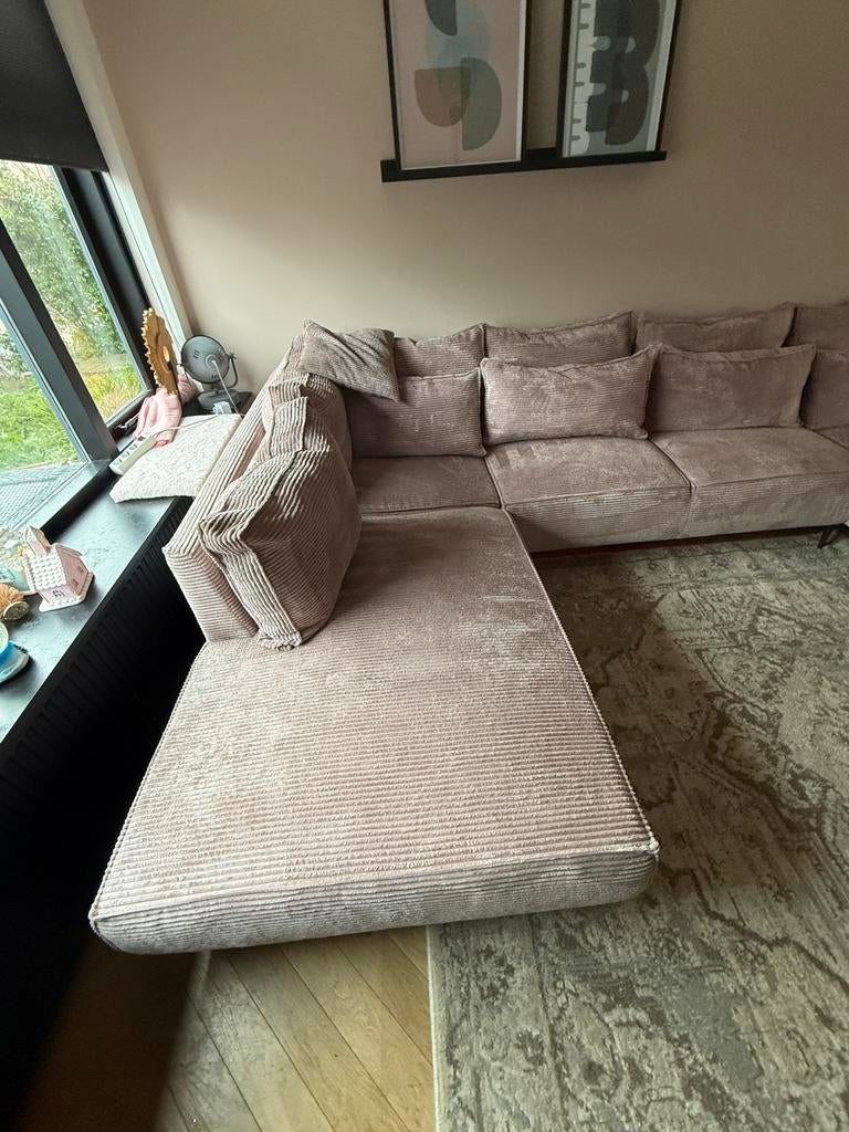 Grote U-vormige ribfluwelen bank - Roze/Beige, Huis en Inrichting, Ophalen, Gebruikt, Stof