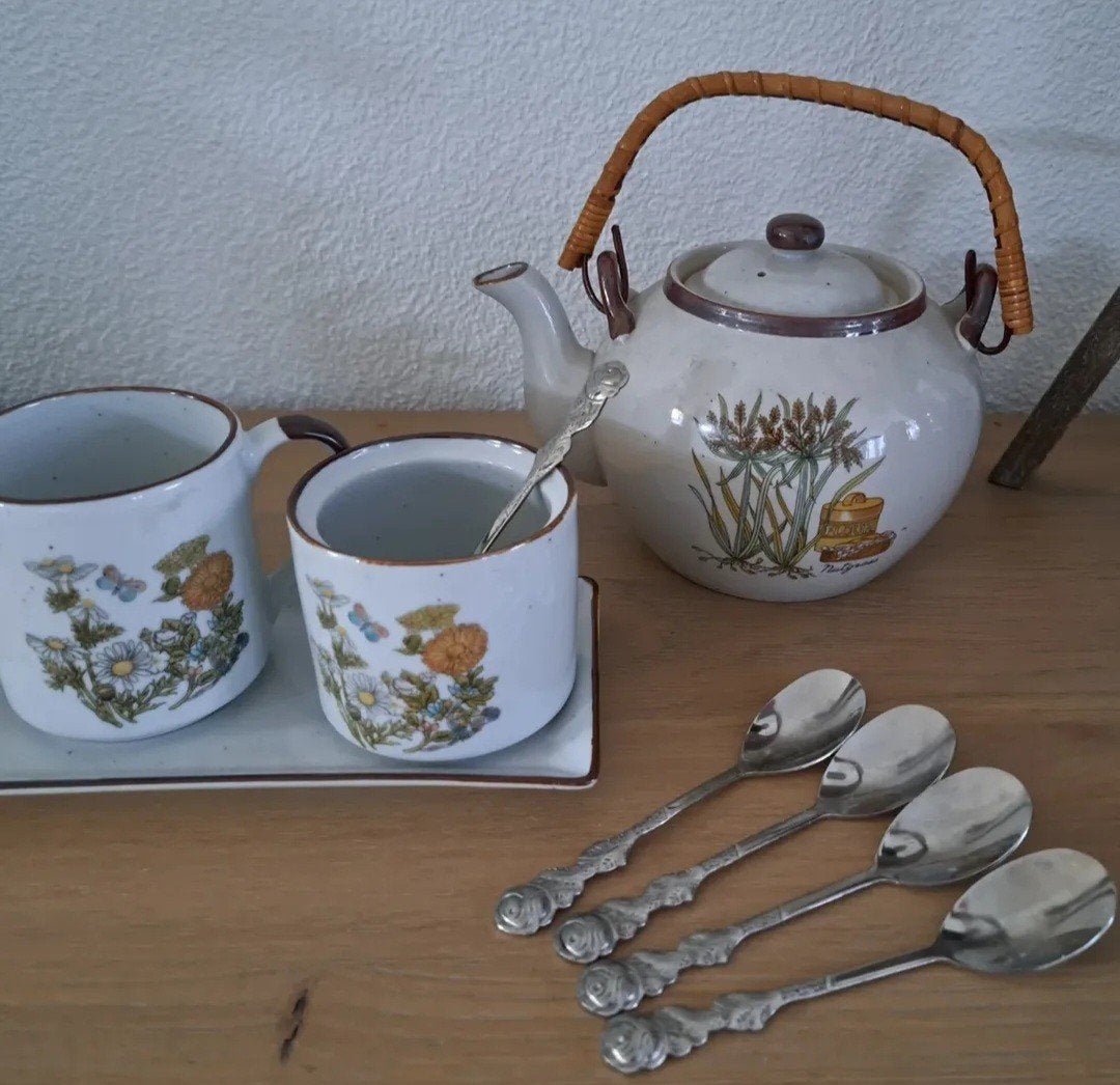 Vintage theepot koffiepot roomsetje natuur print prijs pst, Huis en Inrichting, Ophalen of Verzenden, Gebruikt