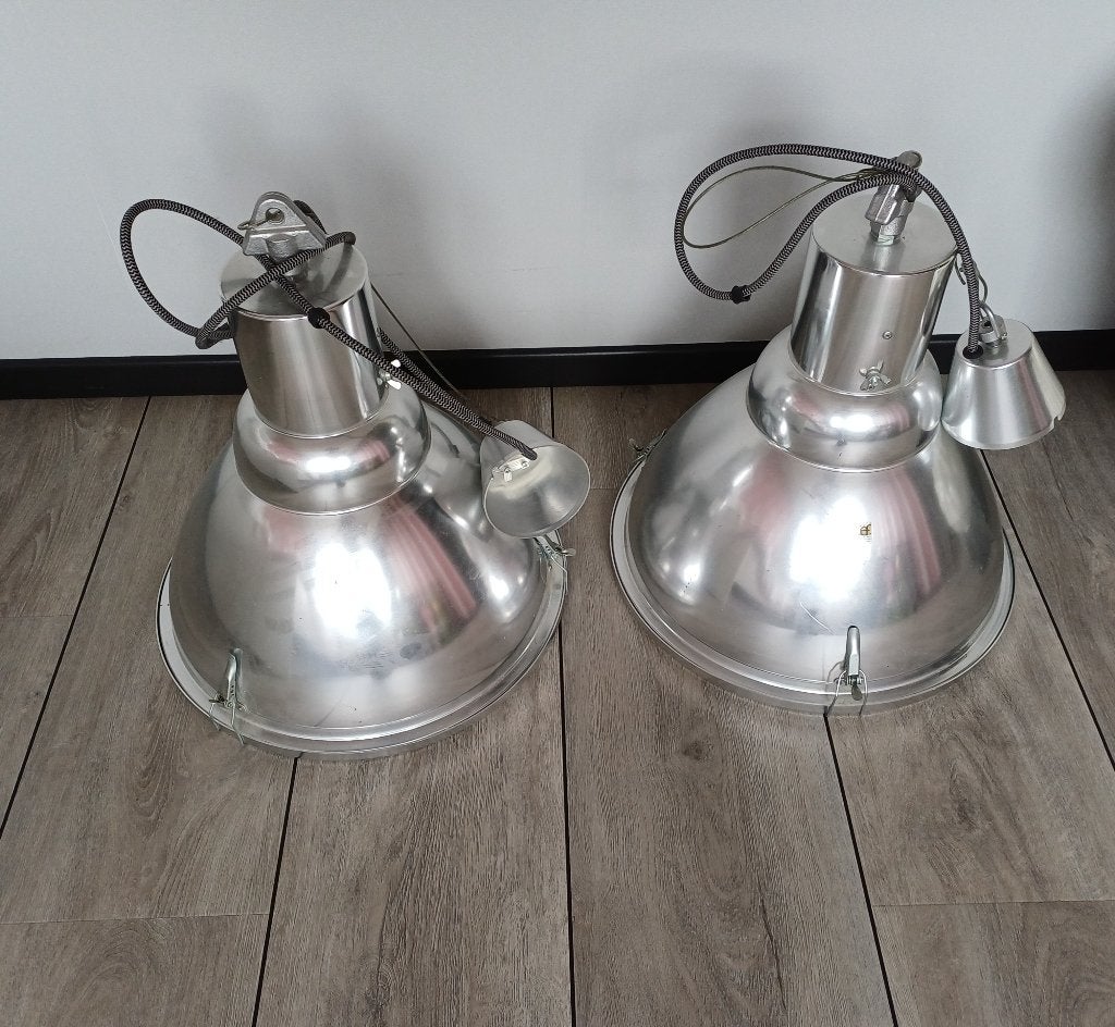 Set van 2  Industriele Hanglampen Zilver / Aluminium, Huis en Inrichting, Ophalen, Gebruikt, Industrieel, E27 (groot)