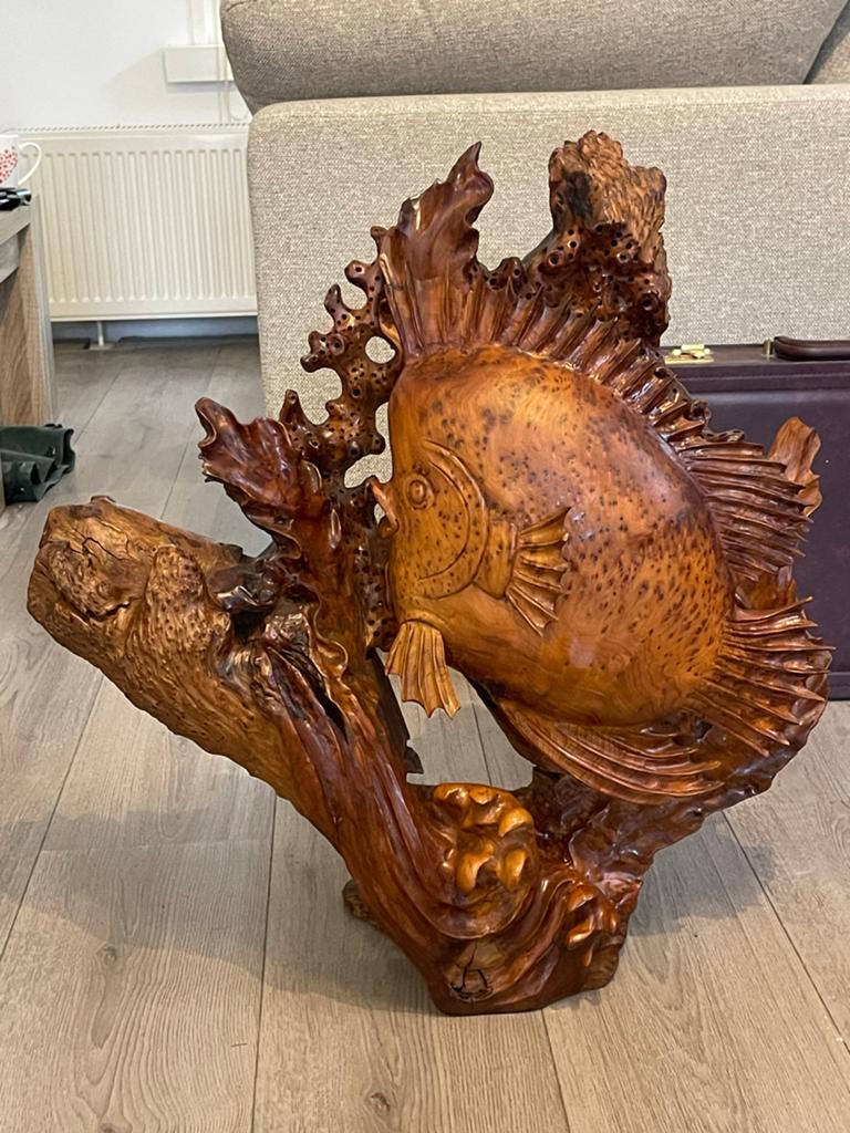 Unieke Teakhouten Vissen Beelden - Handgemaakt Houtsnijwerk, Ophalen, Houtsnijwerk, 50 - 100 cm, Handgemaakt