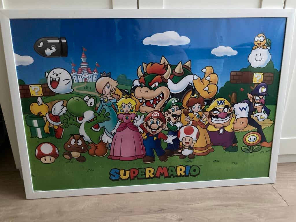 Super Mario poster in witte lijst - klein vlekje, Ophalen, Gebruikt, 50 tot 75 cm, 75 tot 100 cm