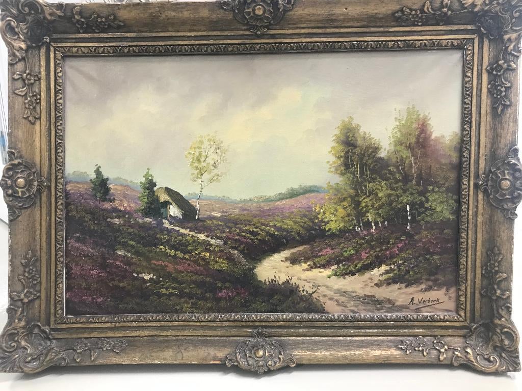 olieverf landschap op linnen a.verbeek, Ophalen of Verzenden