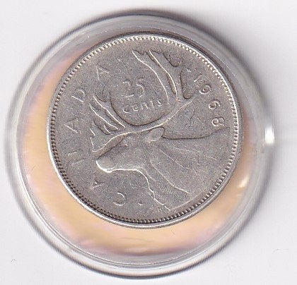Canada 25 Cent 1968 met randtikje, Verzenden, Noord-Amerika, Losse munt, Zilver
