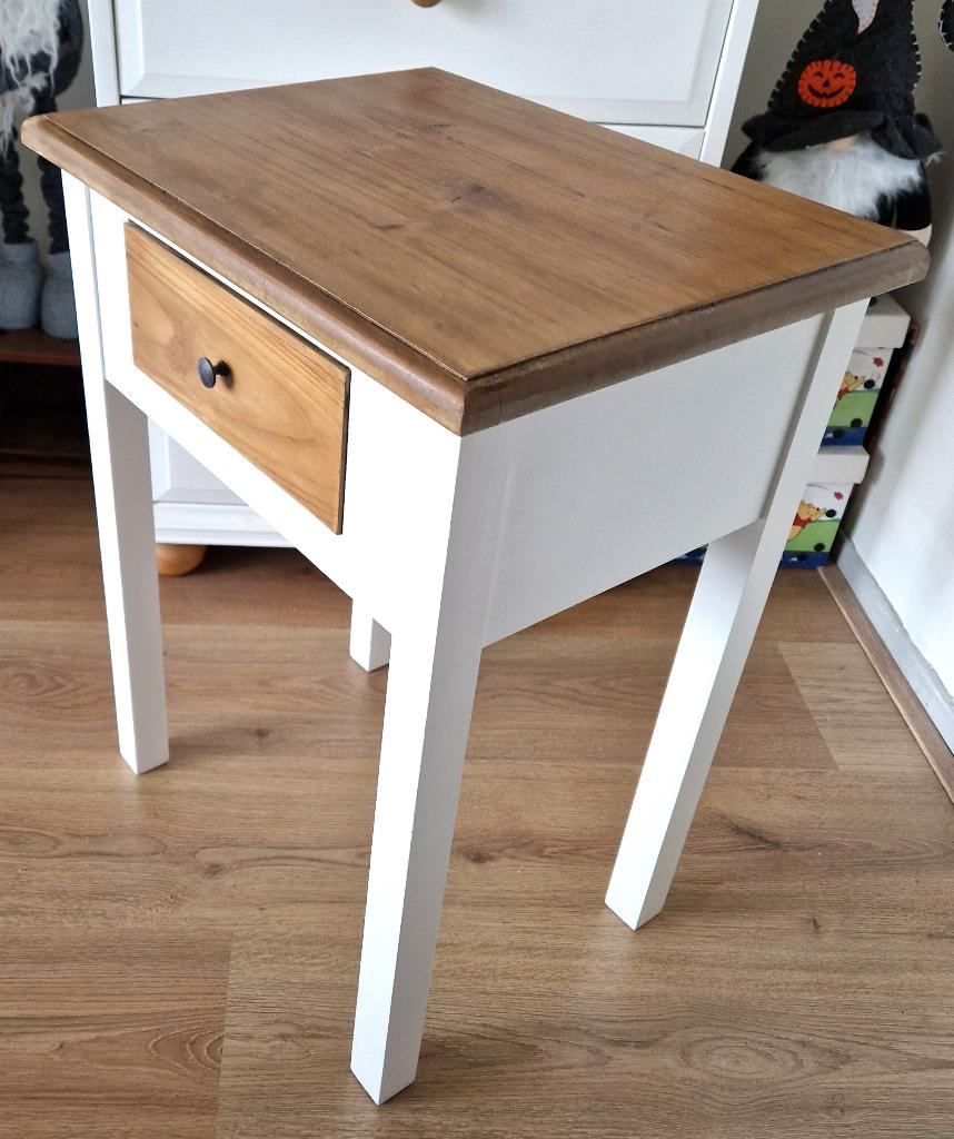 Bijzettafel / nachtkastje wit+hout 1 lade 45 x 34 x h59 cm a, Huis en Inrichting, Tafels | Bijzettafels, Minder dan 55 cm, Zo goed als nieuw