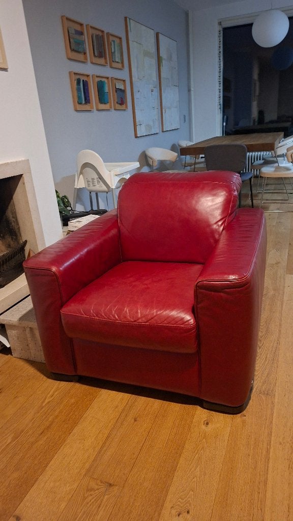 leren rood fauteuil, Huis en Inrichting, Ophalen, Zo goed als nieuw, 75 tot 100 cm, Leer