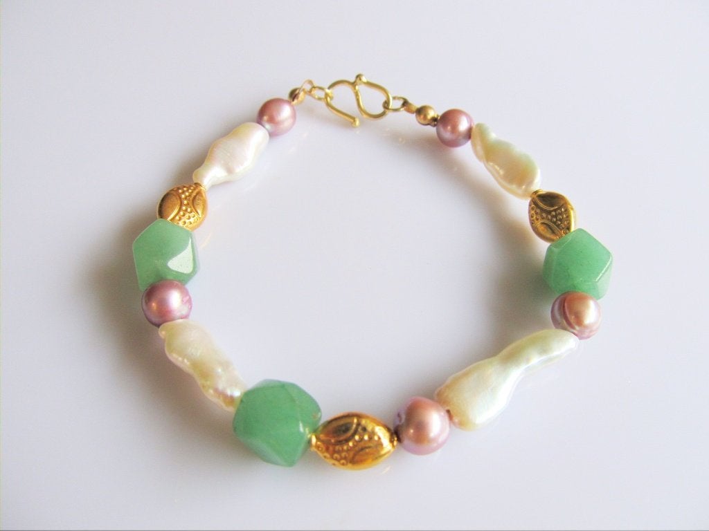 Armband Nigella parels-aventurijn-kralen goud, Ophalen, Met bedels of kralen, Wit, Nieuw