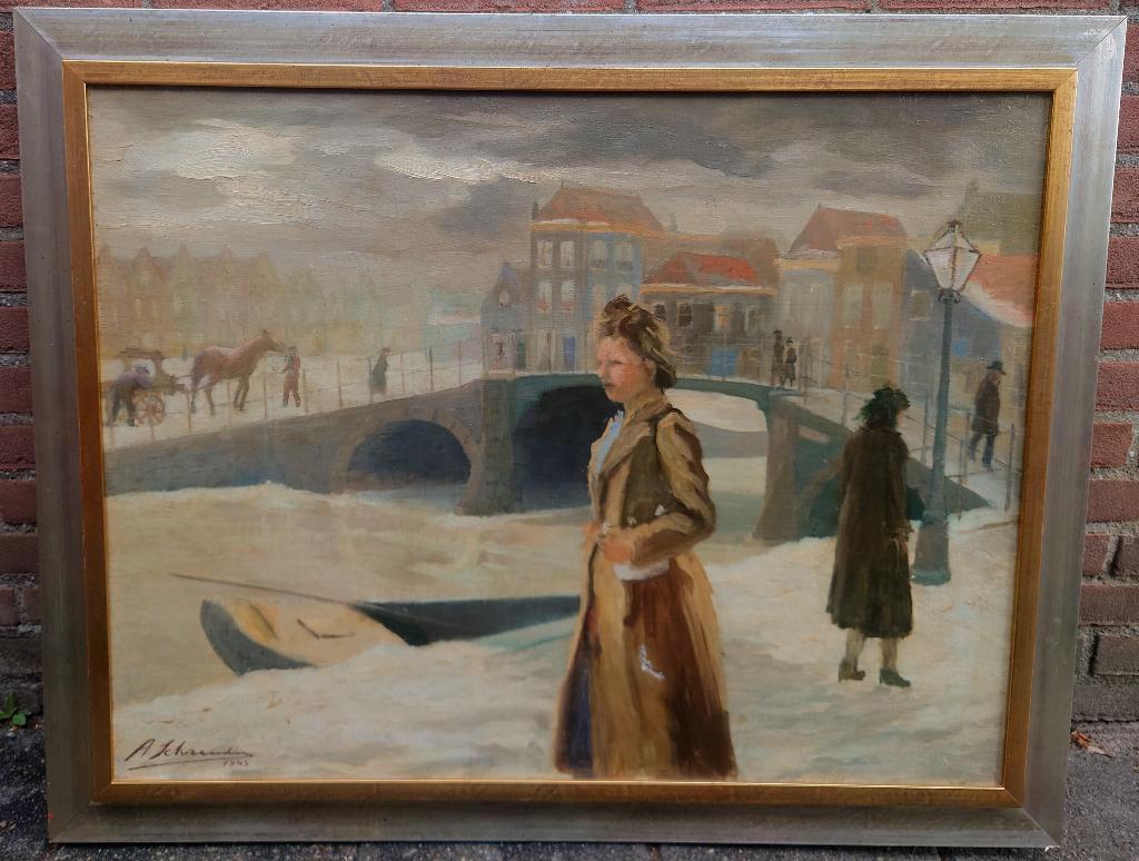 Antoon SCHREUDER (1894-1980) Winter scene in Leiden1945 doek, Ophalen of Verzenden