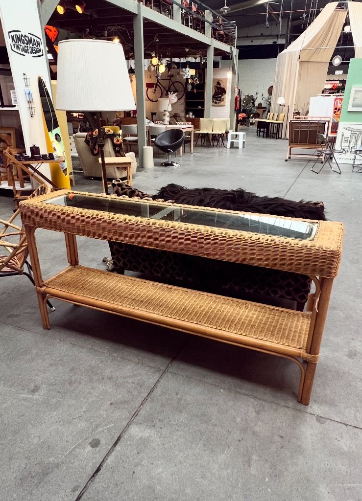 Vintage rotan dressoir / sidetable met glazen blad, Huis en Inrichting, Ophalen, Gebruikt, Onbekend, Overige houtsoorten