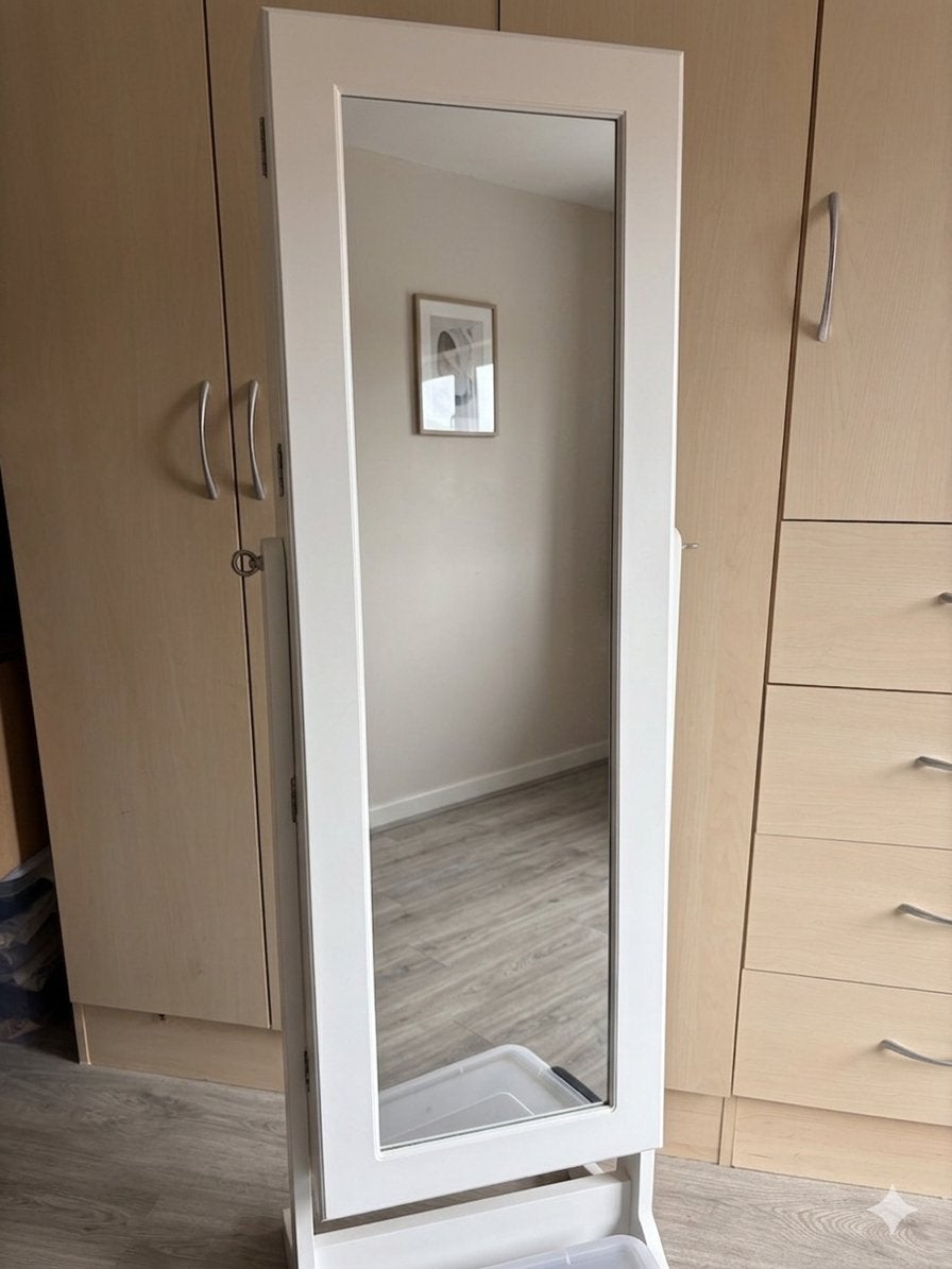 Witte passpiegel / sieradenkast op voet – Ideale opberger!, Huis en Inrichting, Woonaccessoires | Spiegels, Ophalen, Minder dan 50 cm