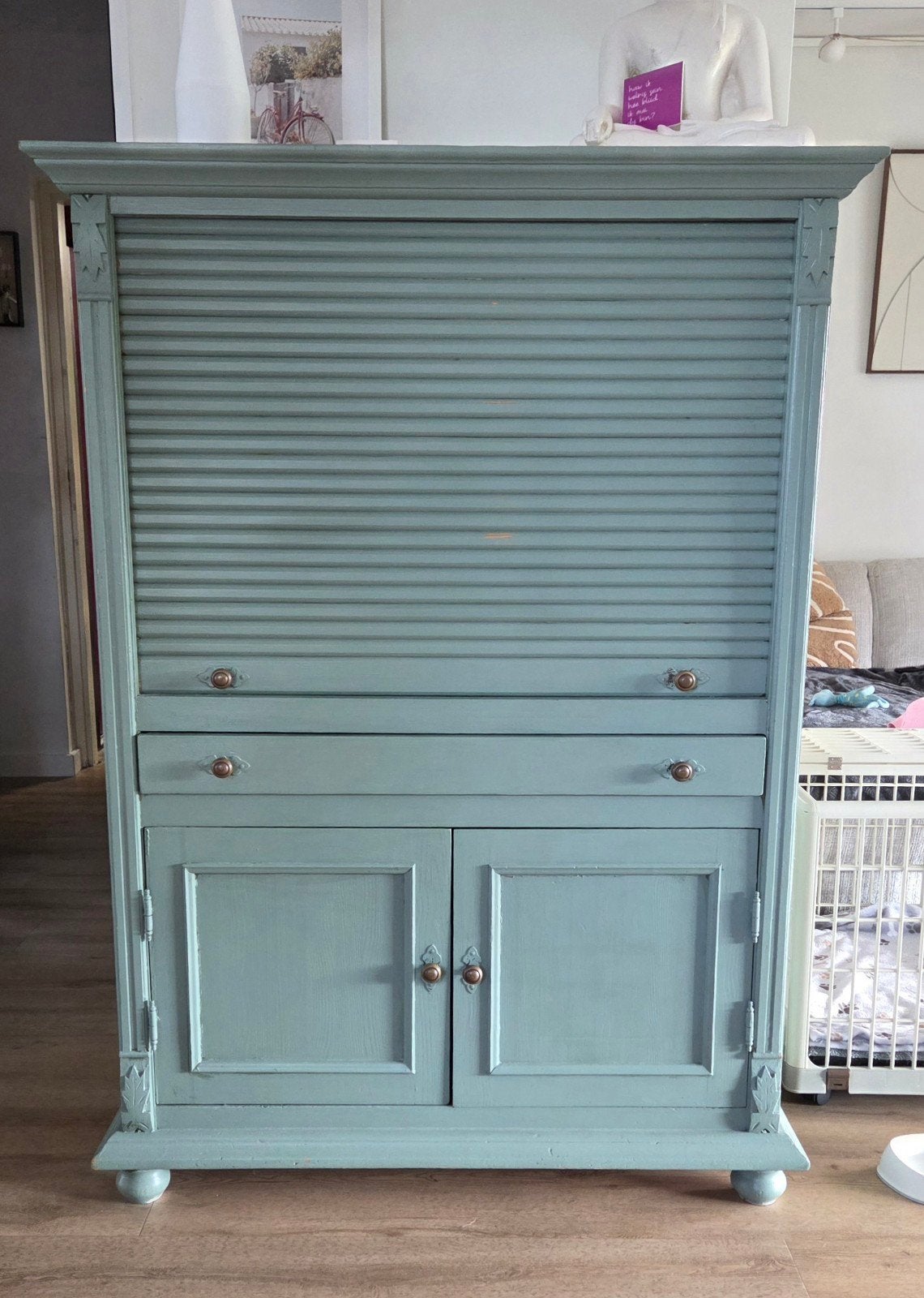 Vintage secretaire/bureau met rolluik - Groen Computerkast, Ophalen, Gebruikt