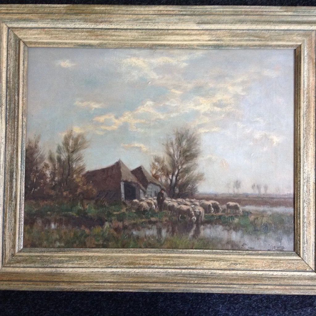 J.K.Leurs Schaapherder met kudde bij schaapskooi en ven, Ophalen, Doek, Realistisch, Gesigneerd