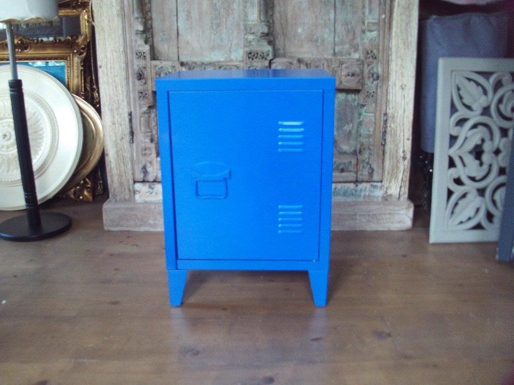 Blauw metalen lockerkastje/nachtkastje/hobbykastje, Ophalen, Gebruikt, Industrieel, Modern