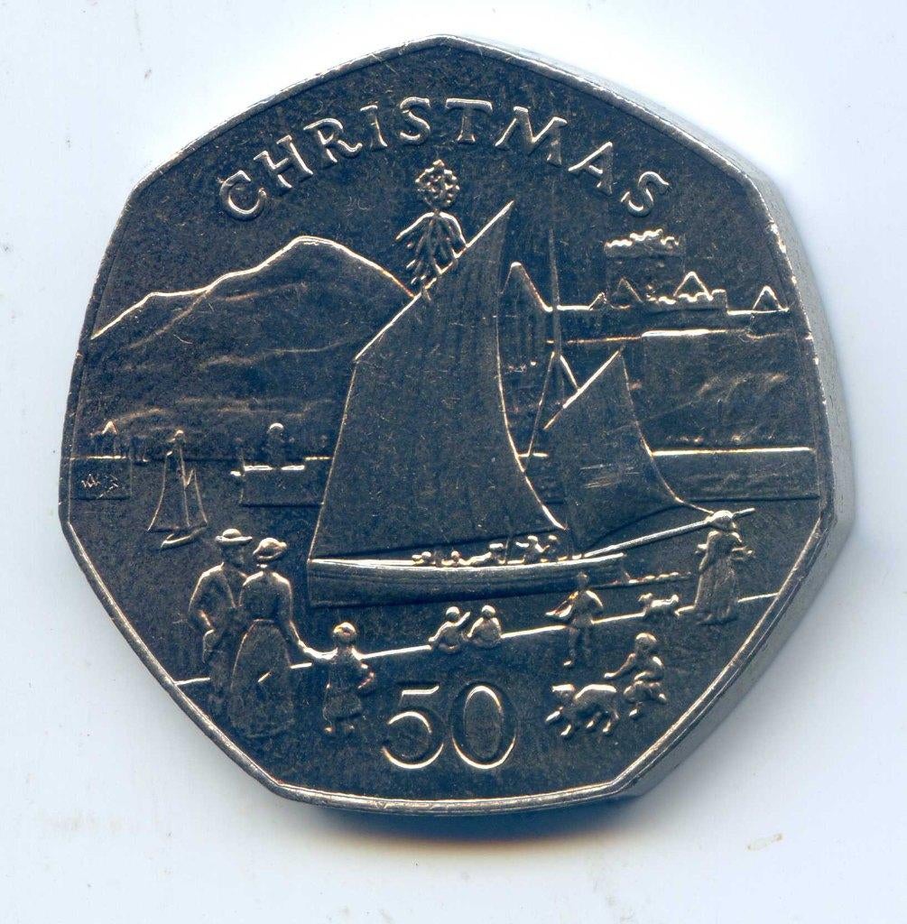 Isle of Man 50 pence 1981 Kerstfeest Zeilboot UNC, Verzenden, Overige landen