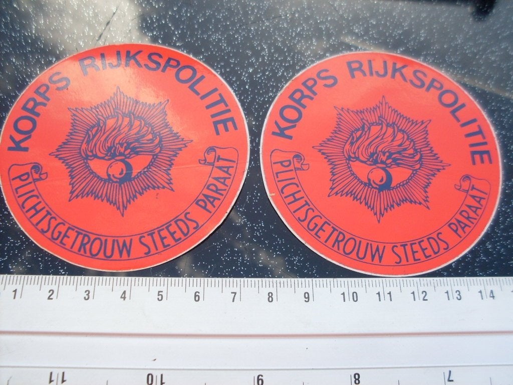 2x sticker korps rijkspolitie oranje rond, Verzenden, Zo goed als nieuw, Bedrijf of Vereniging
